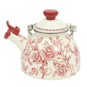 Pioneer Woman Agatha Enamel on Steel 1.8 Qt Whistling Tea Kettle Floral Red